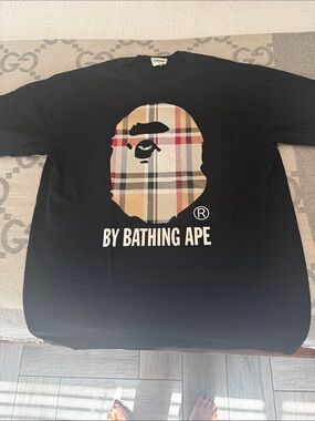 A Bathing Ape Black Short Sleeve Logo Tee - Plaid Ape Graphic